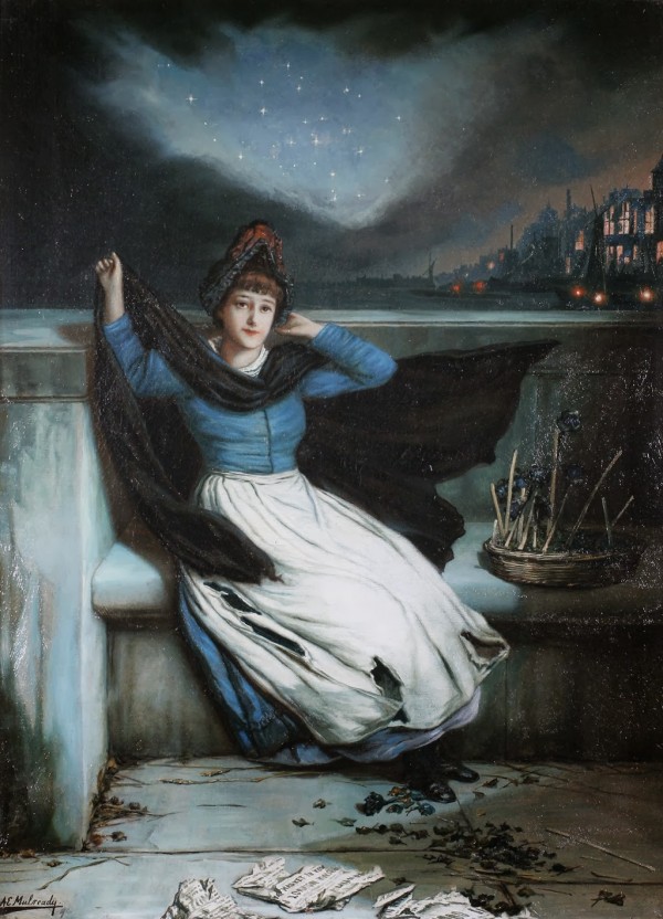 A woman in a blue dress at the edge of a city by Augustus Edwin Mulready